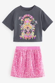 Pink Grey Flower T-Shirts And Pink Sequin Skirt Set (3-16yrs) - Image 4 of 6