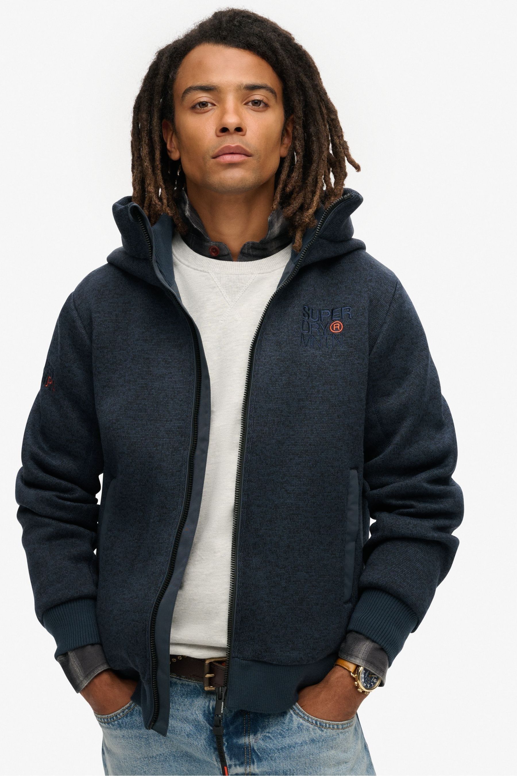 Superdry Sea Blue Hooded Bonded Knit Bomber Jacket X Large Mens