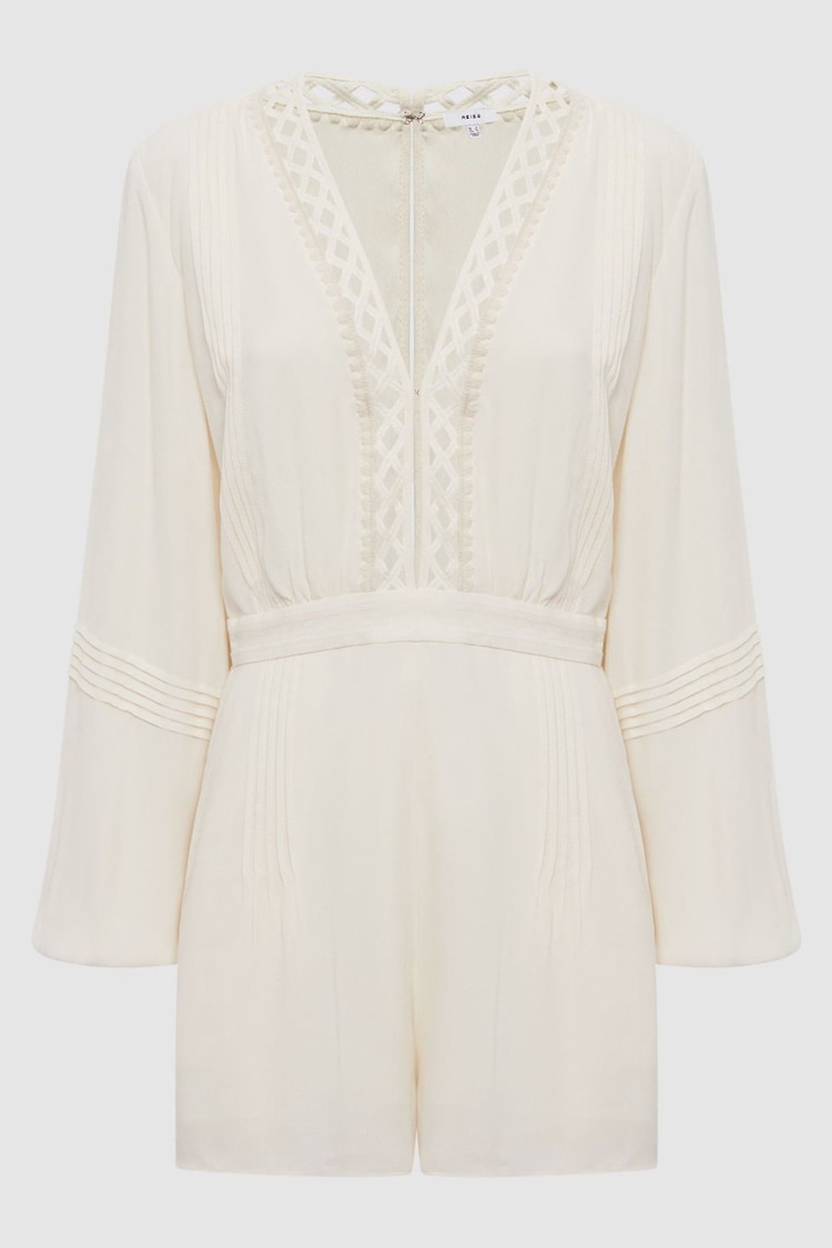 Reiss Cream Rachelle Long Sleeve Lattice Playsuit - Image 2 of 5