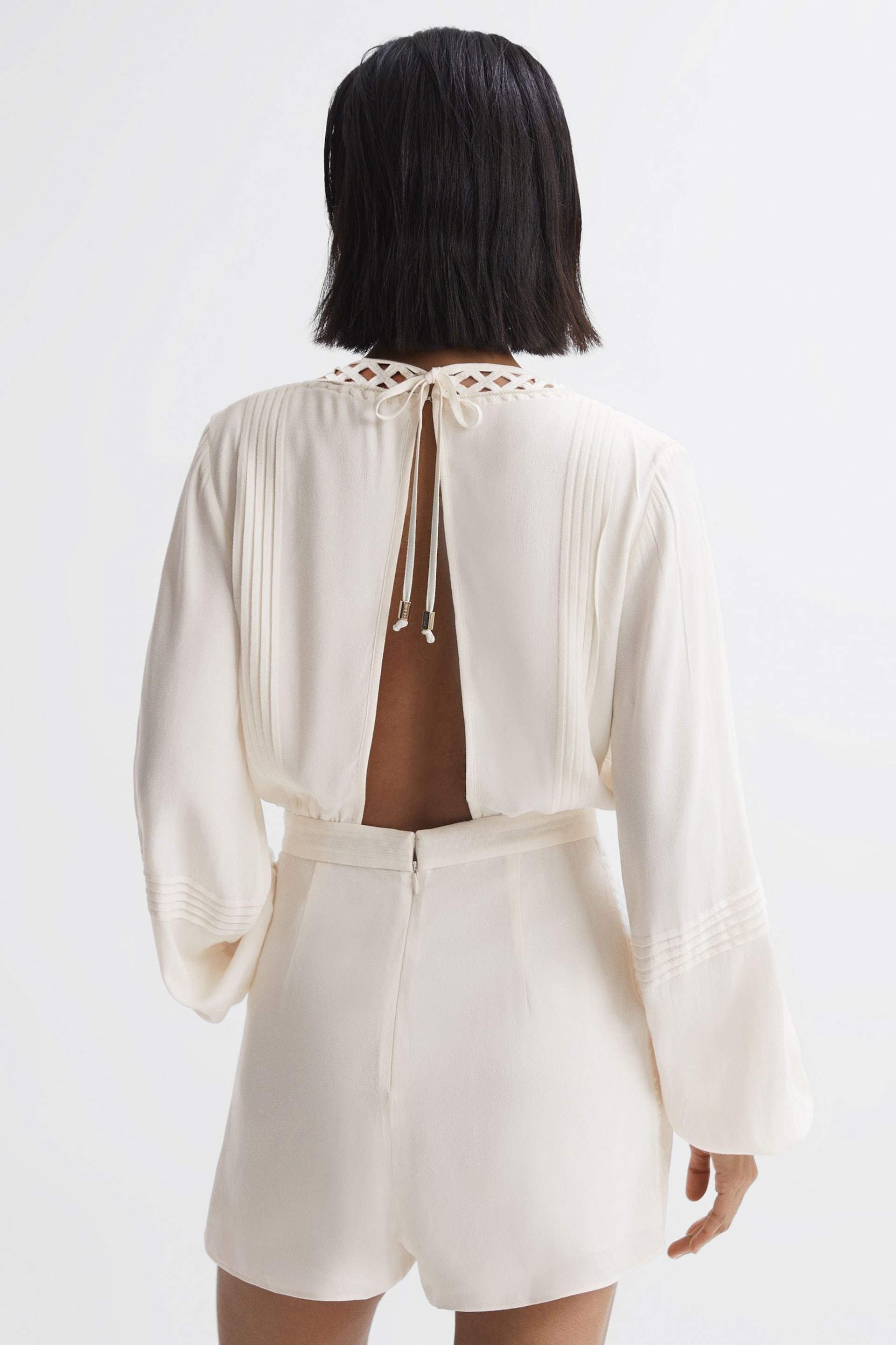 Reiss Cream Rachelle Long Sleeve Lattice Playsuit - Image 3 of 5