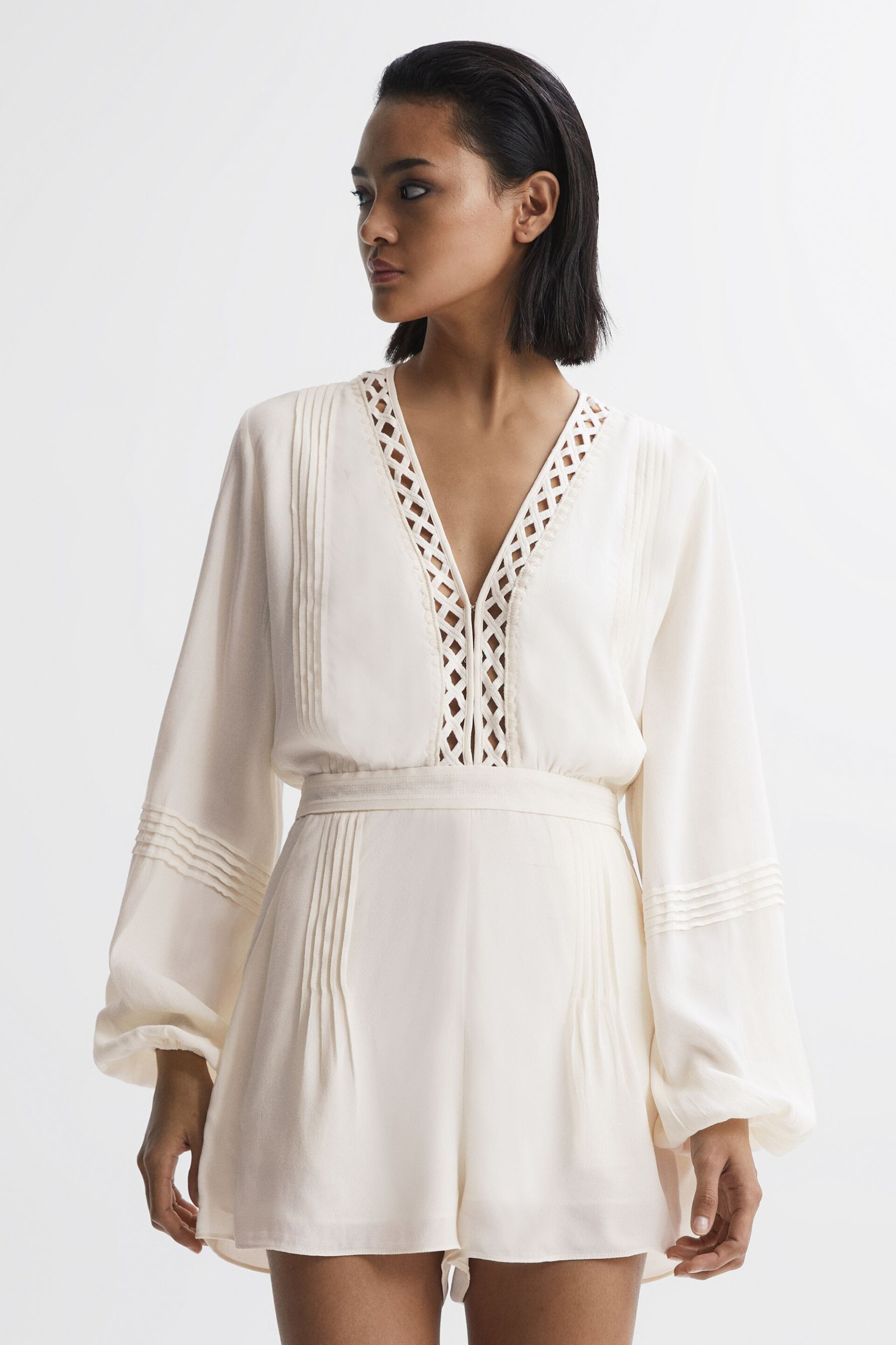 Reiss Cream Rachelle Long Sleeve Lattice Playsuit - Image 4 of 5