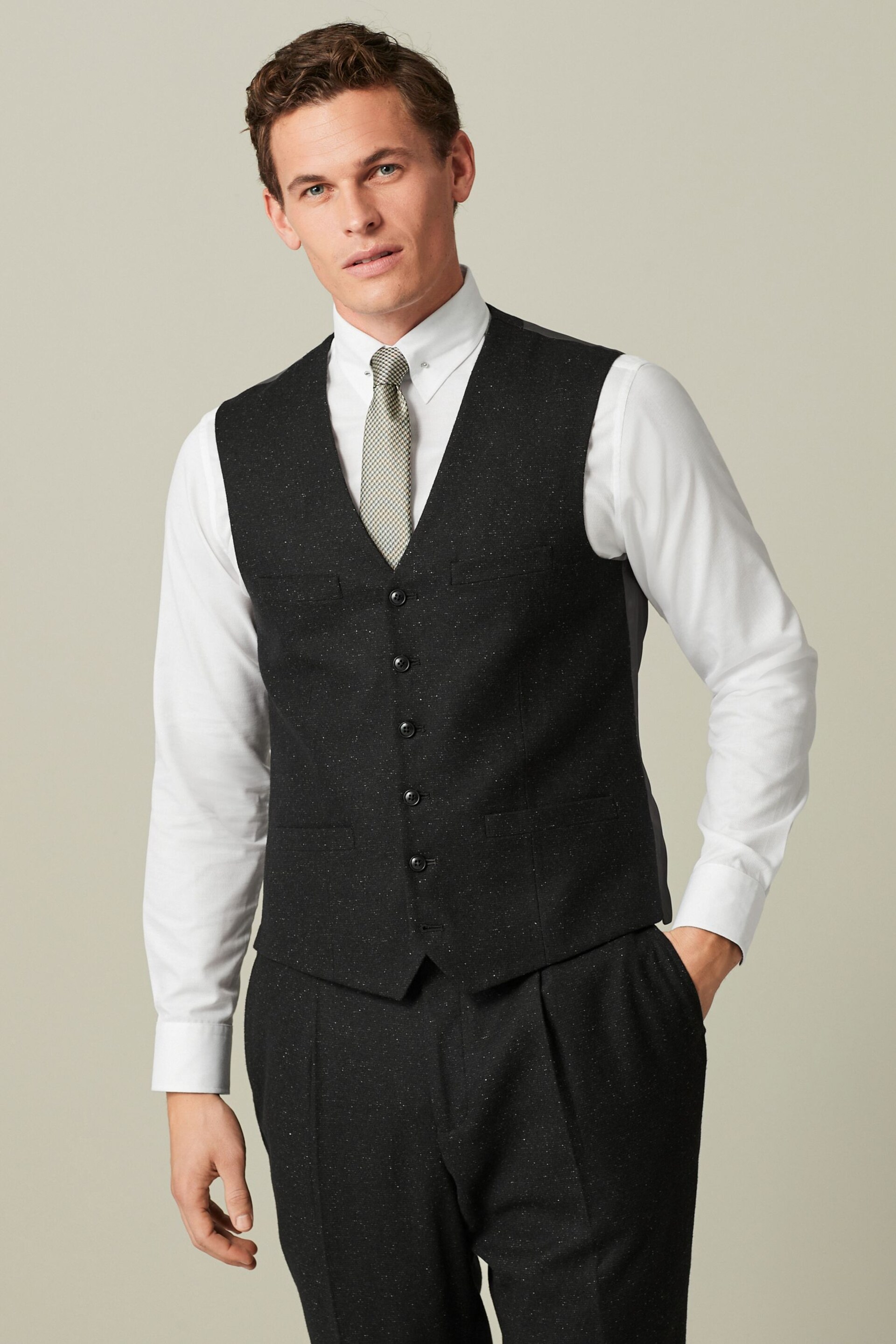 Black Regular Fit Nova Fides Italian Fabric Textured Waistcoat - Image 1 of 10