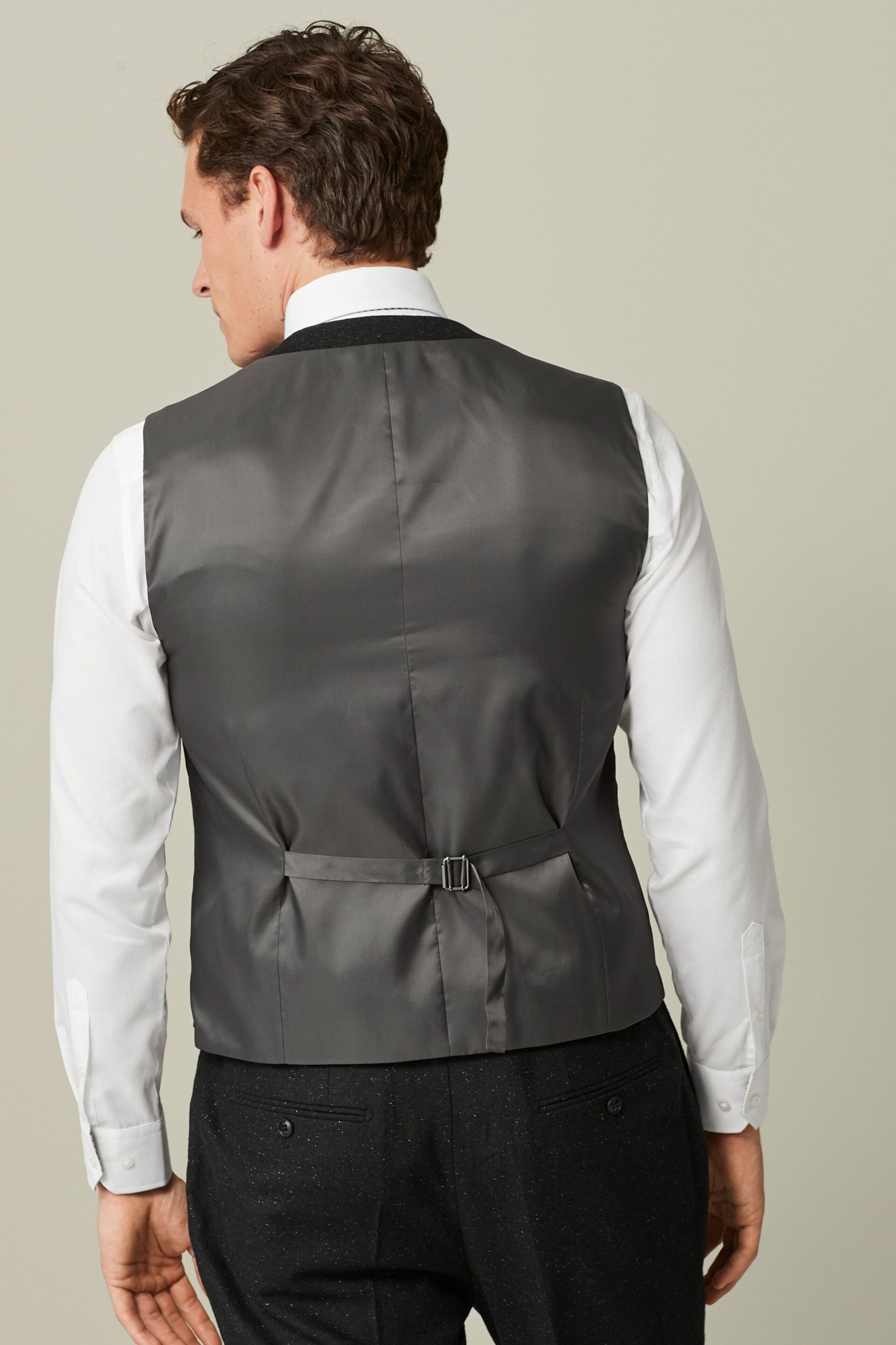 Black Regular Fit Nova Fides Italian Fabric Textured Waistcoat - Image 3 of 10