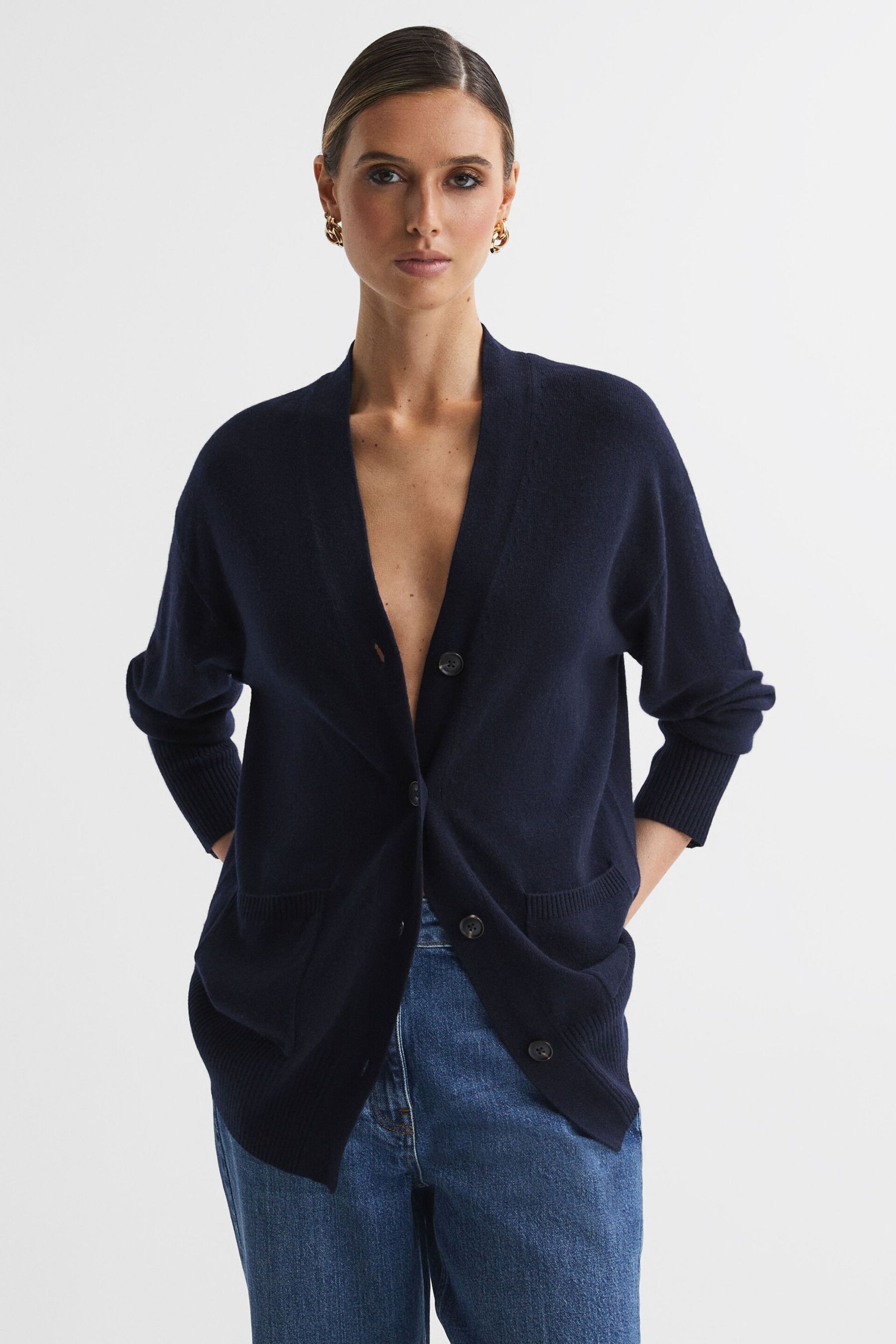 Reiss Navy Carly Wool Blend Button-Through Cardigan - Image 1 of 5