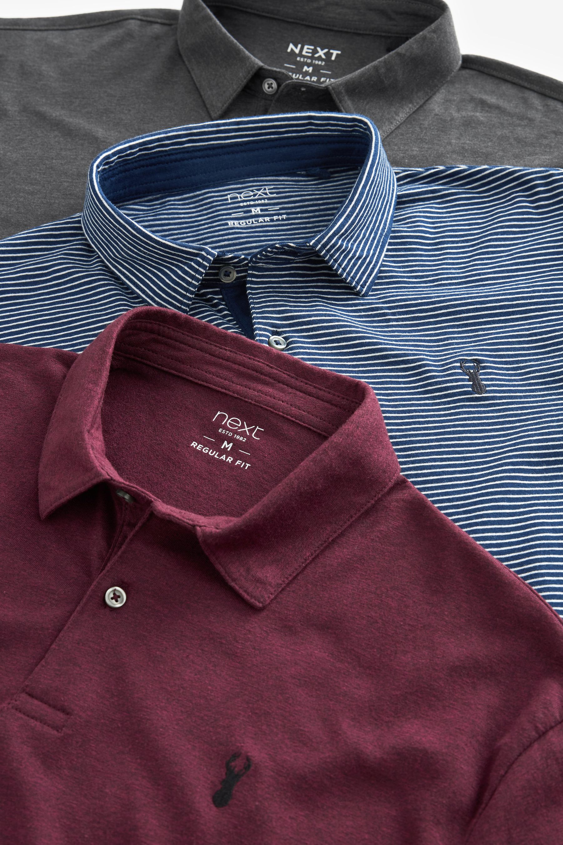 Buy Navy Blue Stripe Burgundy Red Grey Jersey Polo Shirts 3 Pack