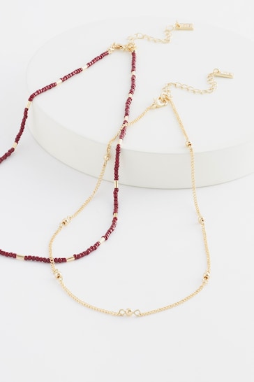 Red Red Bead and Gold Tone Chain Necklace Pack