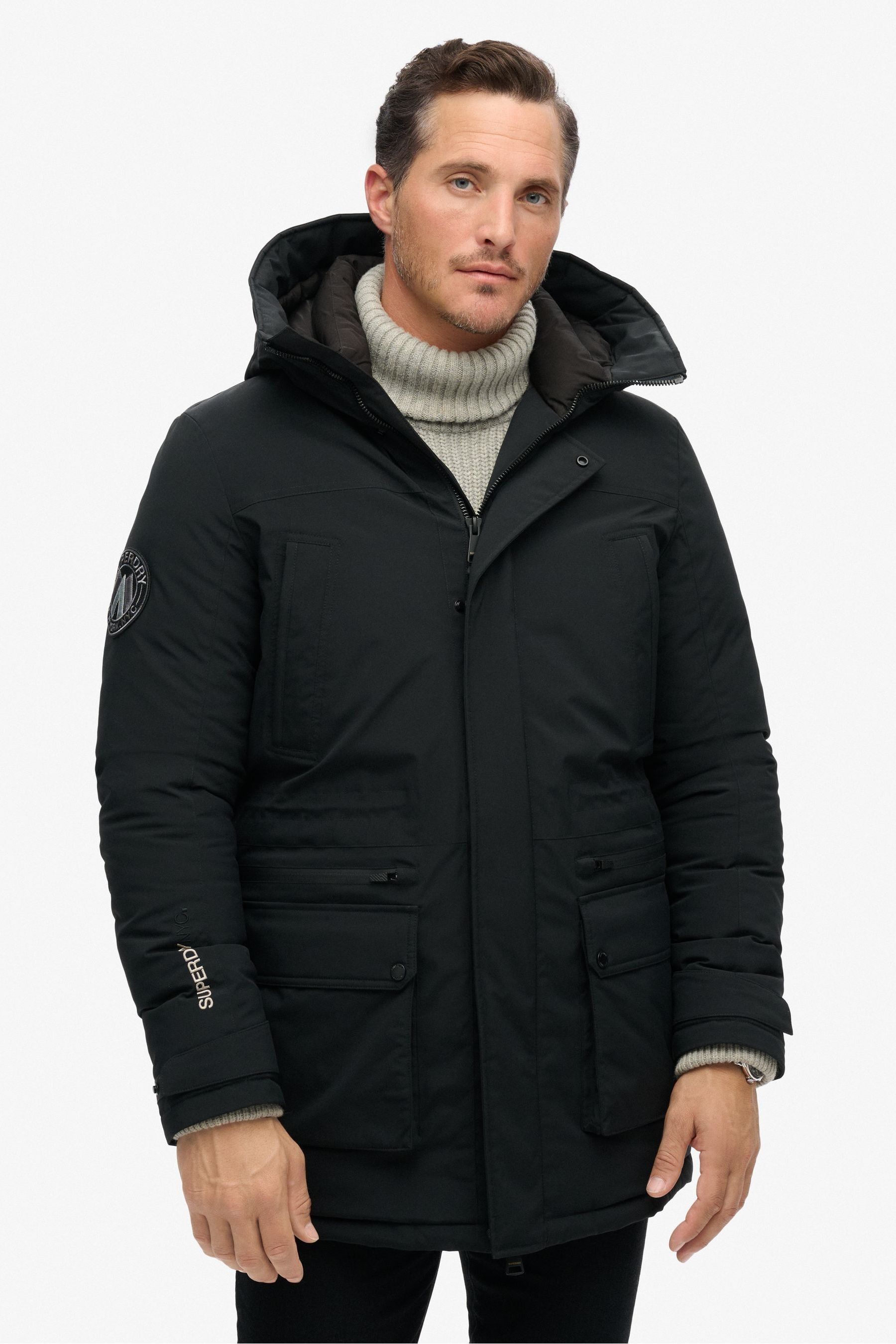 Superdry black parka mens shop