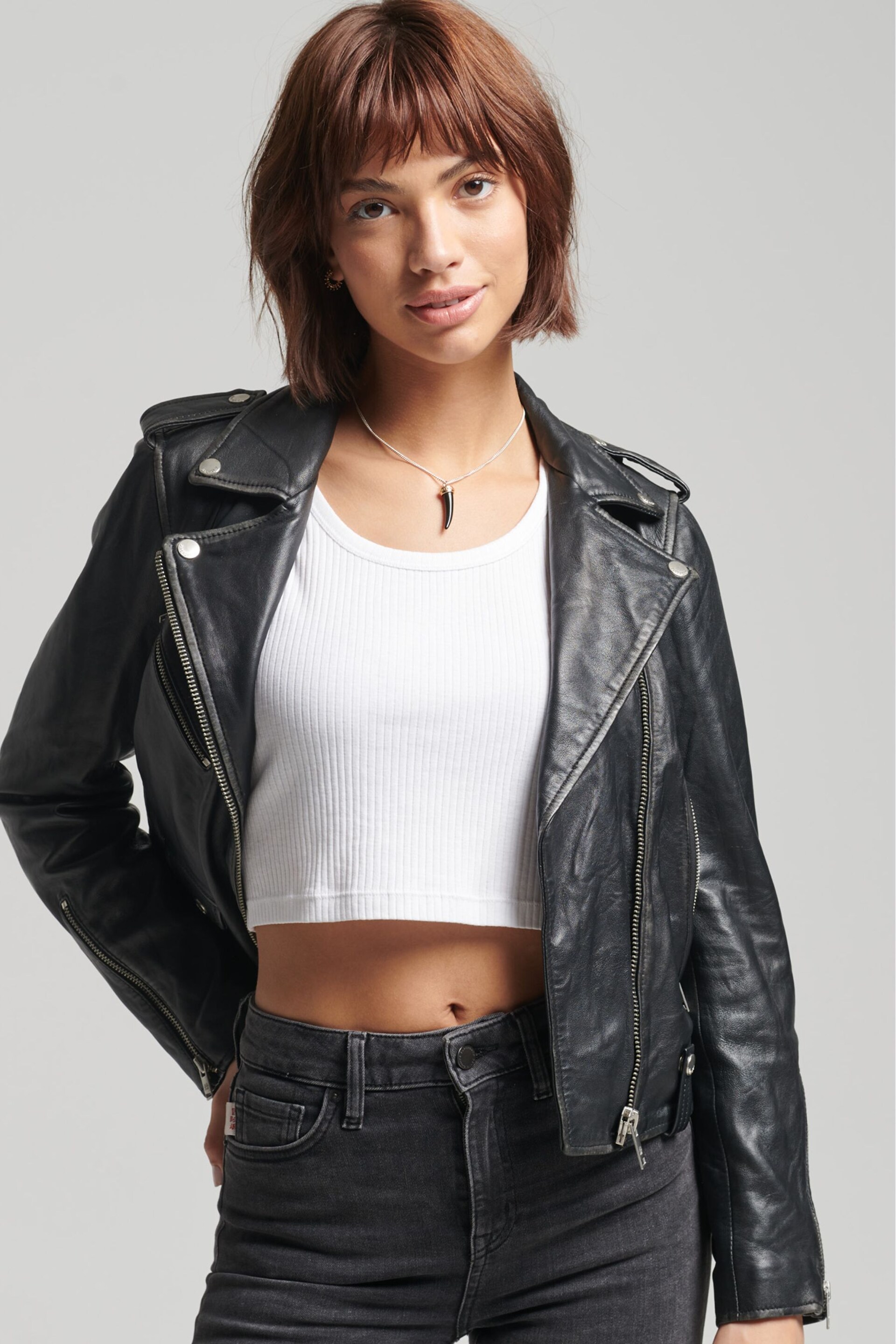 Superdry Black Rylee Leather Biker Jacket - Image 1 of 8