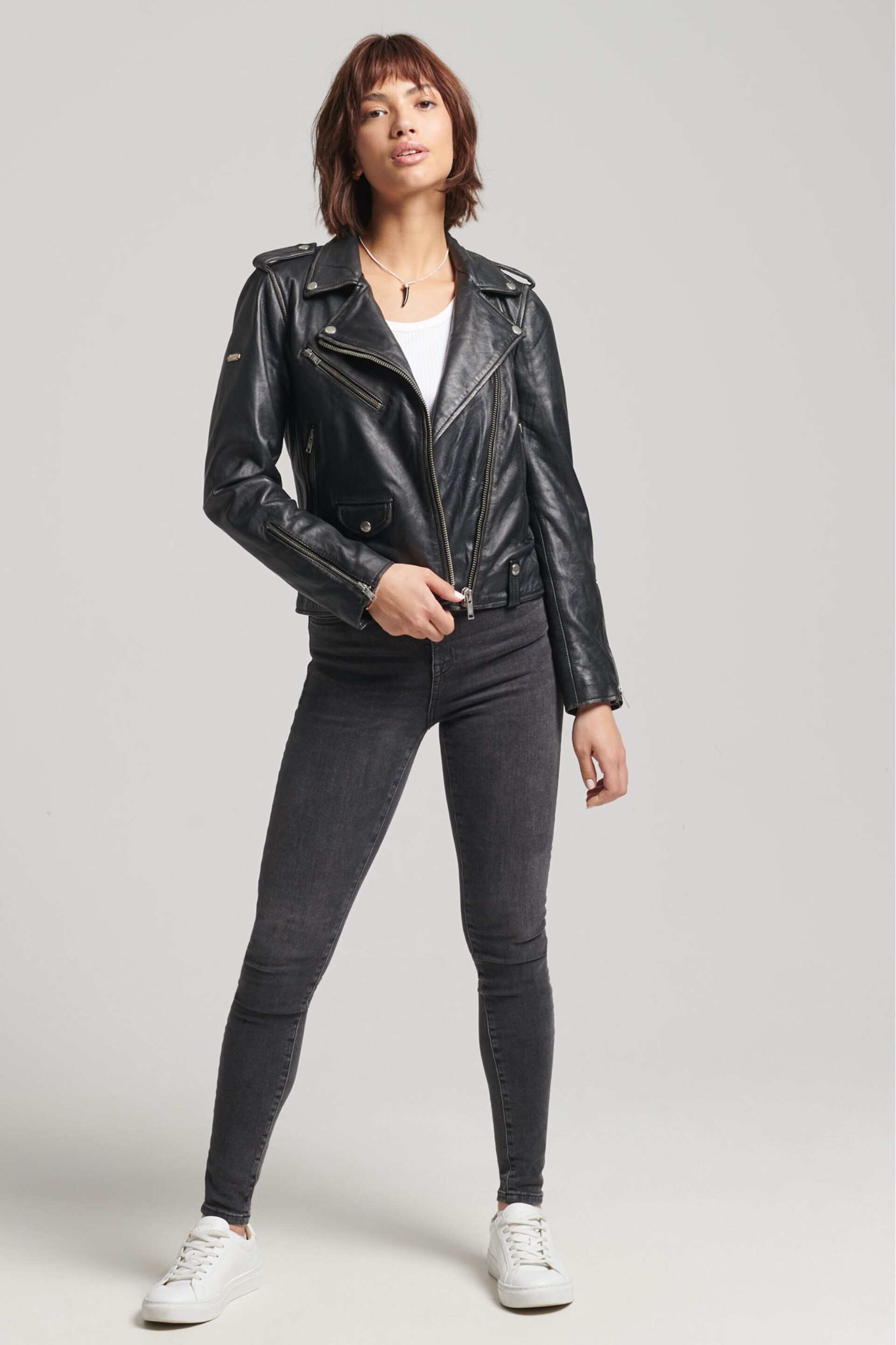 Superdry Black Rylee Leather Biker Jacket - Image 4 of 8