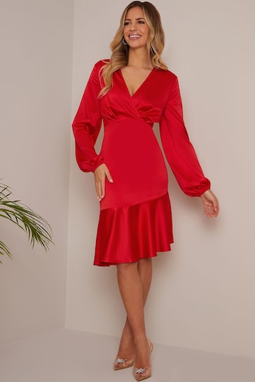 Chi Chi London Red Long Sleeve V-Neck Satin Midi Dress