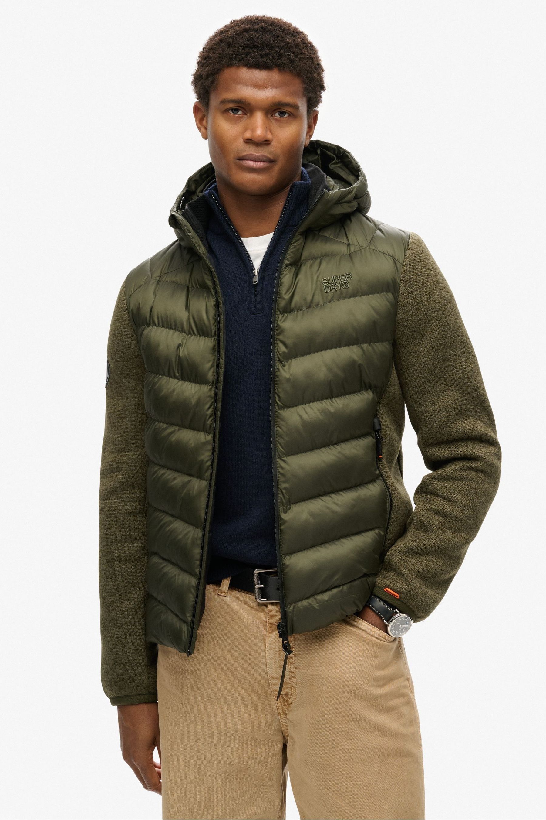Buy Superdry Khaki Green Marl Hooded Knit Storm Hybrid Jacket from Next Luxembourg