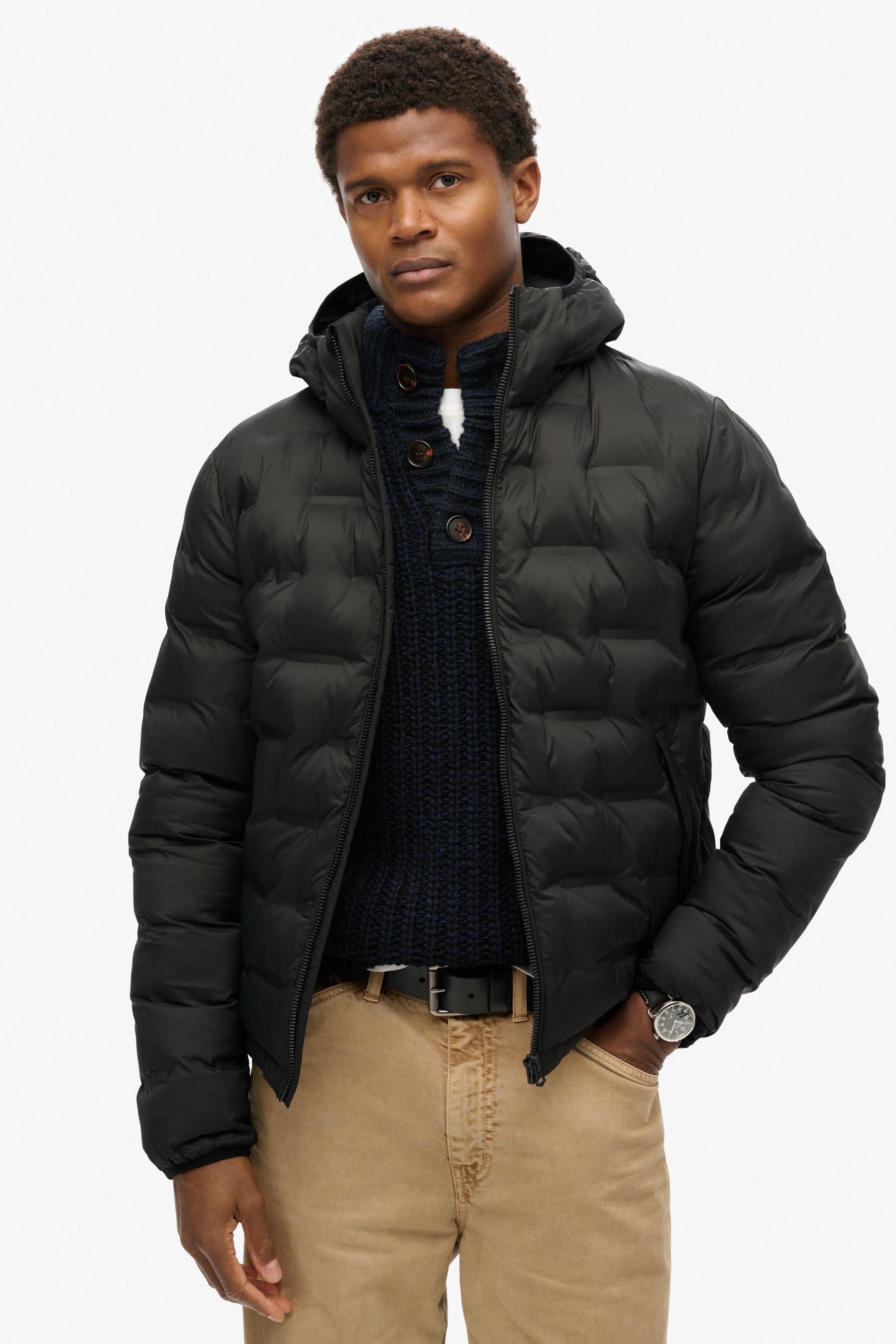 Superdry Black 100 Cotton Hooded Quilted Puffer Jacket Small Mens