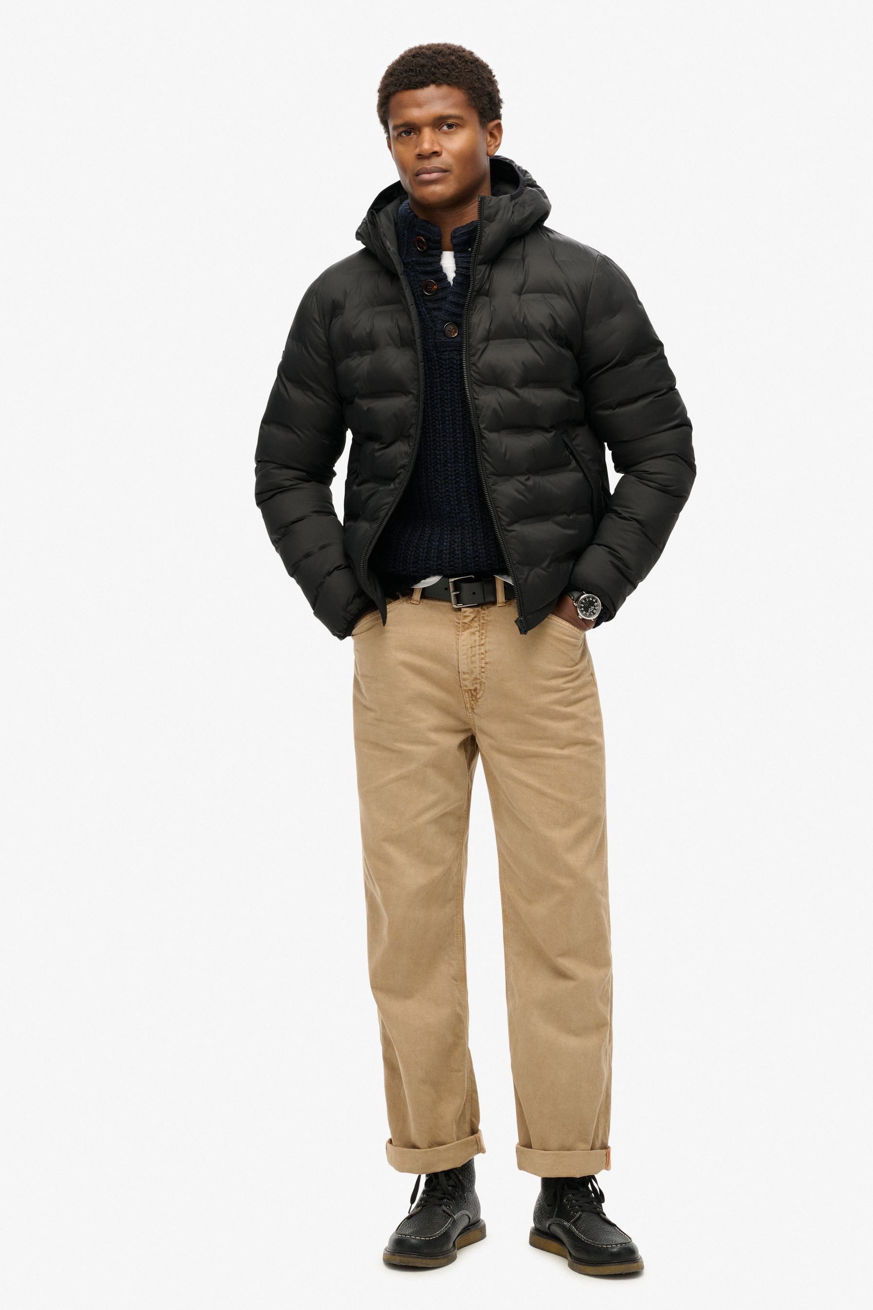 Superdry Black 100 Cotton Hooded Quilted Puffer Jacket Small Mens