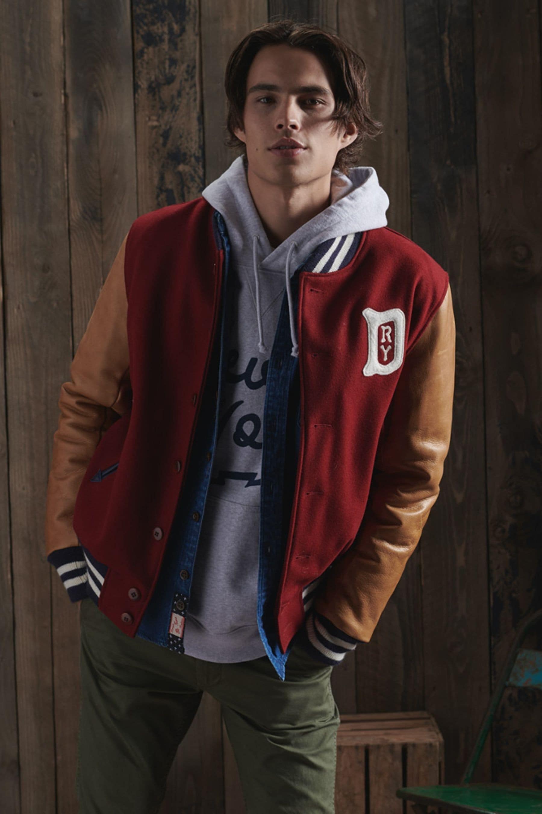 Leather varsity jacket deals