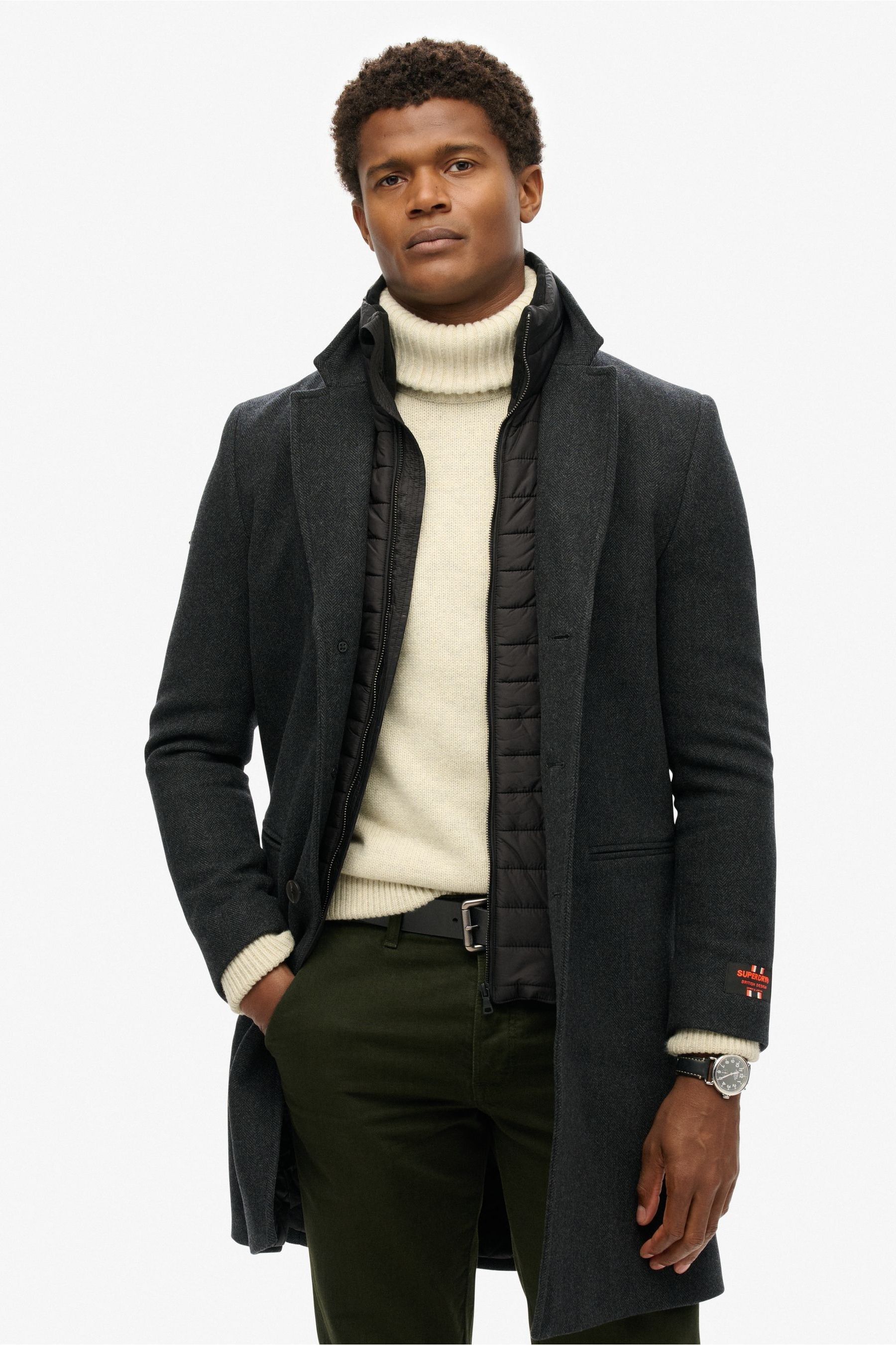 Superdry Black Herringbone Tailored 2 in 1 Town Coat Small Mens