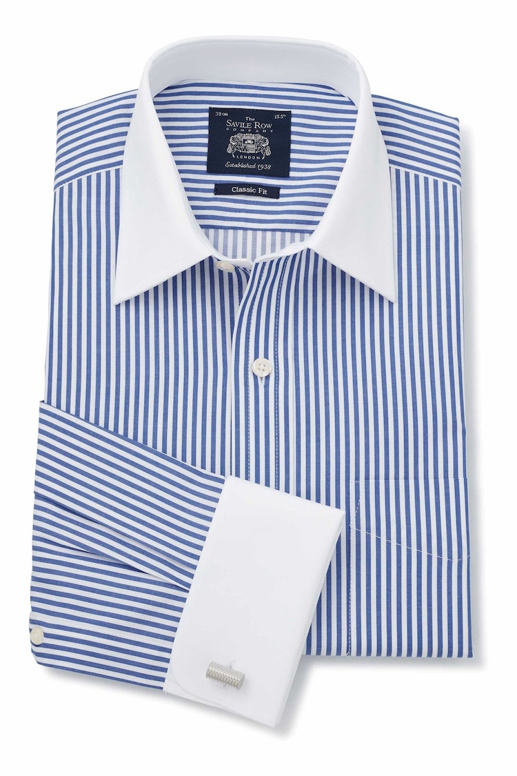 Classic Fit Blue Savile Row Co Stripe Double Cuff 100% Cotton Shirt - Image 1 of 5