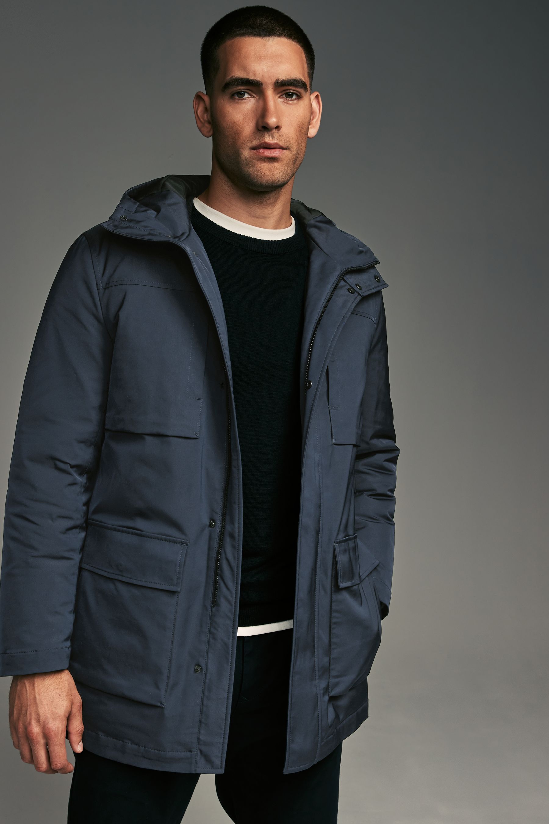 Navy Blue Shower Resistant Padded 4 Pocket Parka Coat