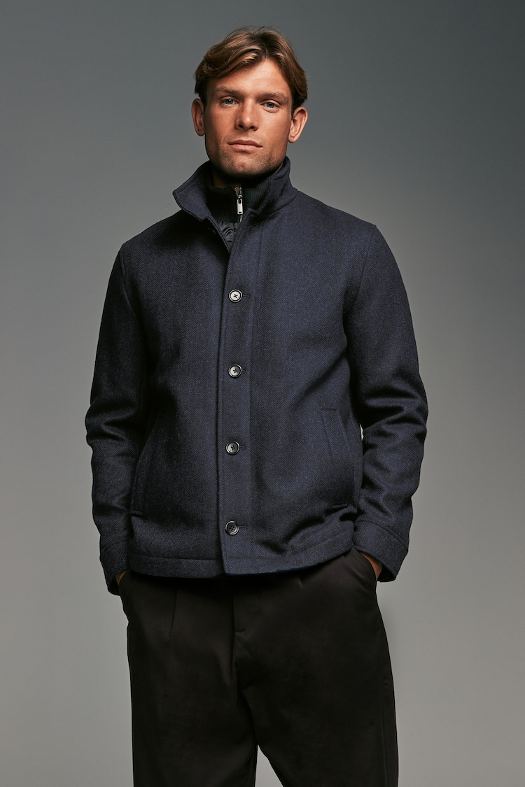 Navy Blue Mock Gilet Herringbone Padded Jacket with Wool - Image 2 of 15