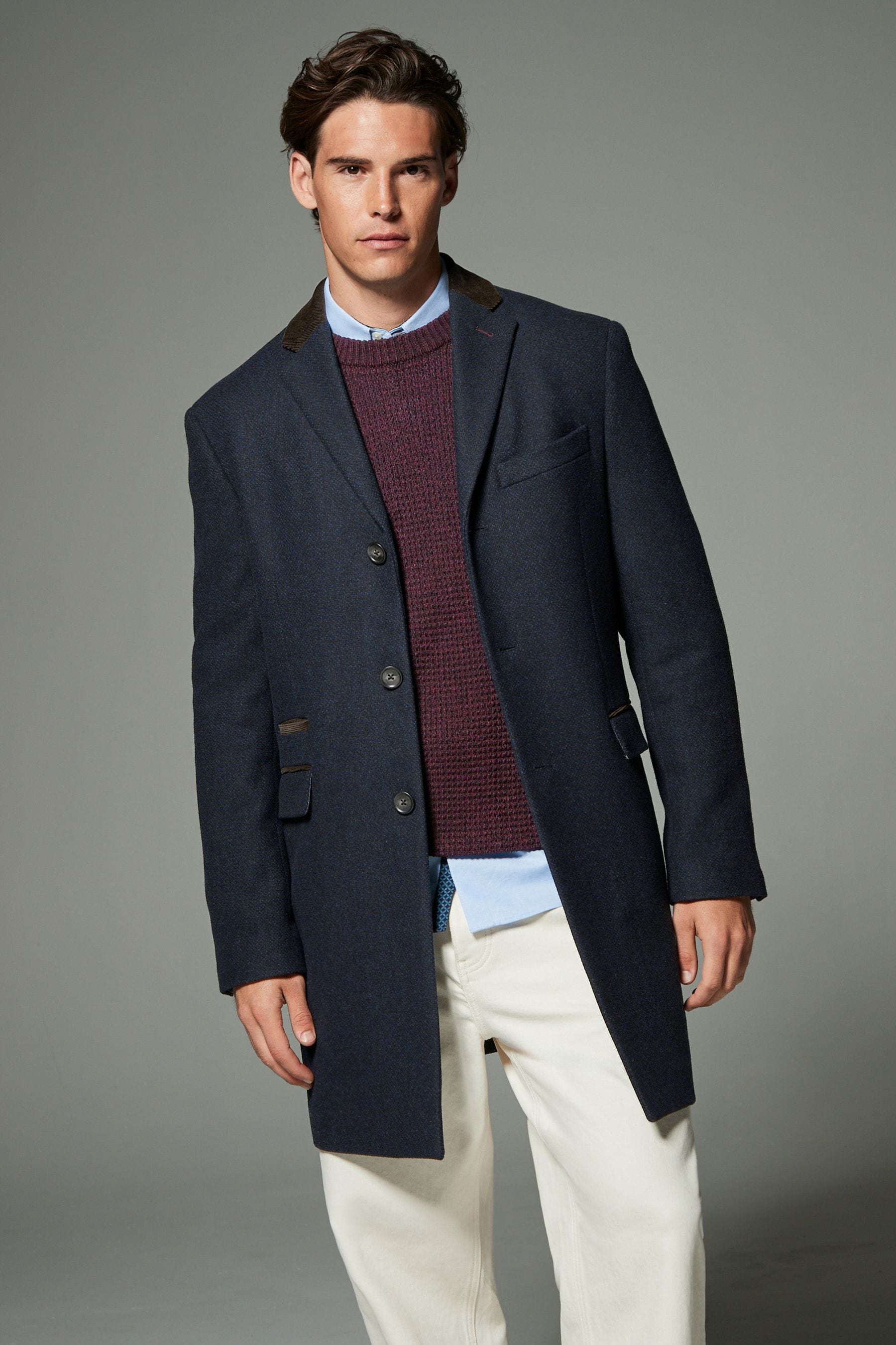 Navy Blue Wool Rich Epsom Coat with Cord Collar
