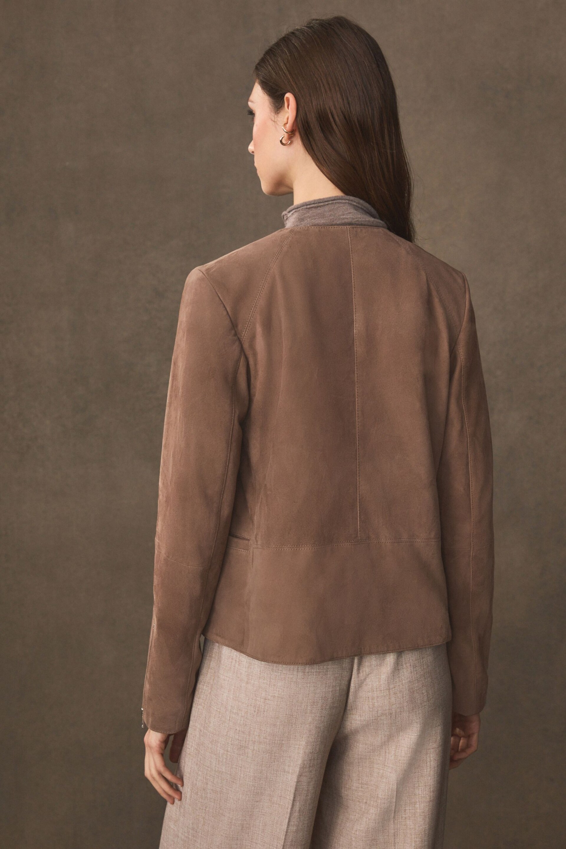 Mink Brown Real Suede Collarless Biker Jacket - Image 5 of 11