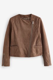 Mink Brown Real Suede Collarless Biker Jacket - Image 8 of 11