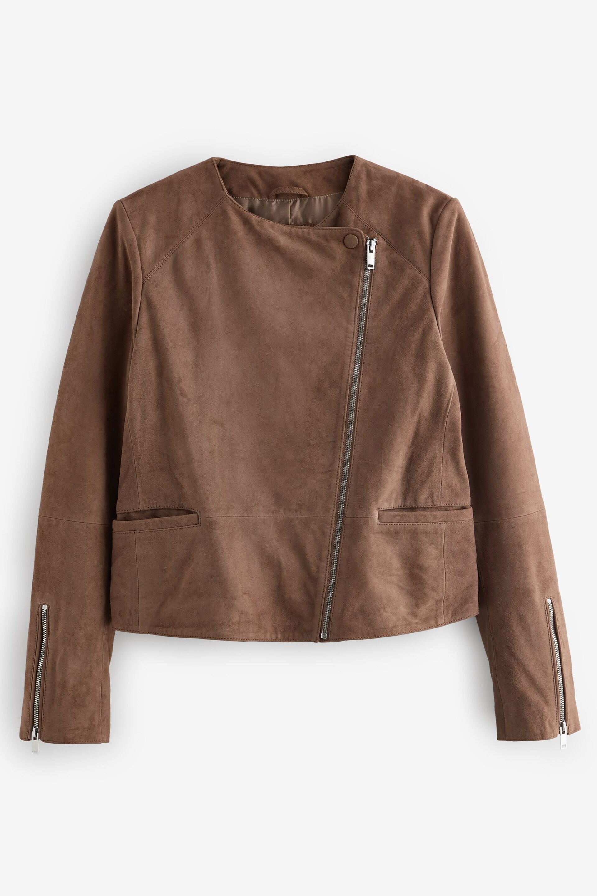 Mink Brown Real Suede Collarless Biker Jacket - Image 8 of 11