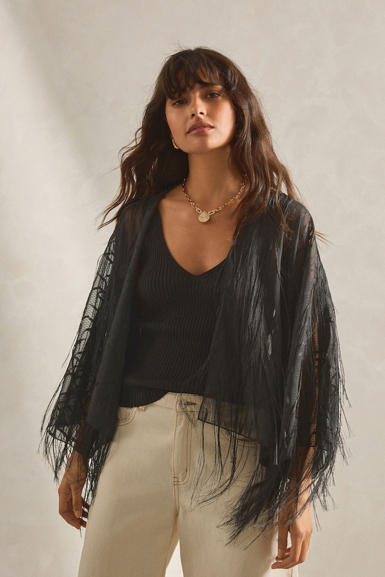 Черный - Fringe Short Kimono Cover-Up - Image 1 of 5