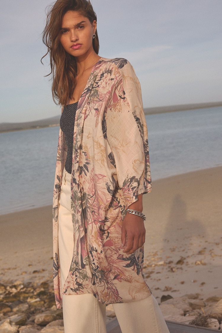 Blush Pink Placement Floral Longline Kimono Cover-Up - Image 1 of 6