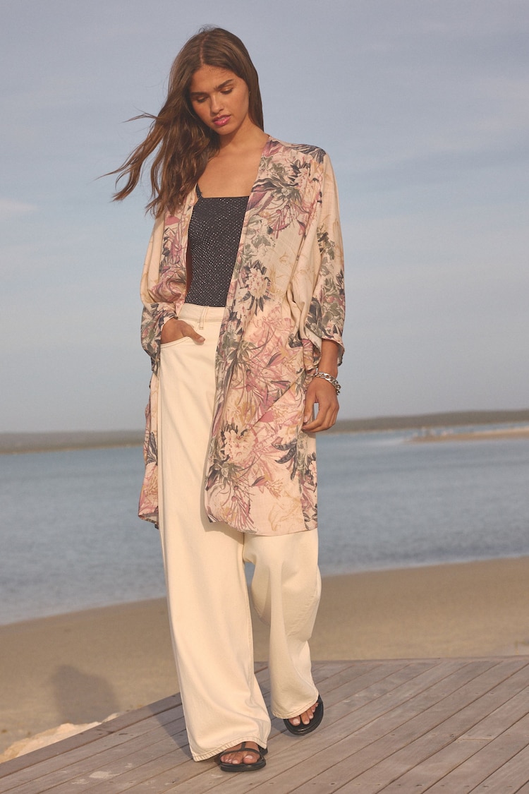 Blush Pink Placement Floral Longline Kimono Cover-Up - Image 3 of 6