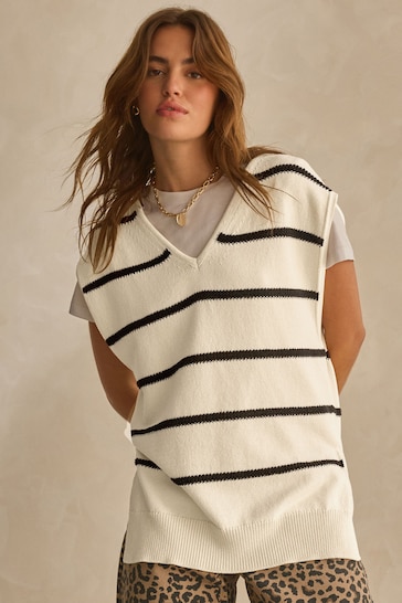 Ecru/Black Stripe Knitted V-Neck Tank Top