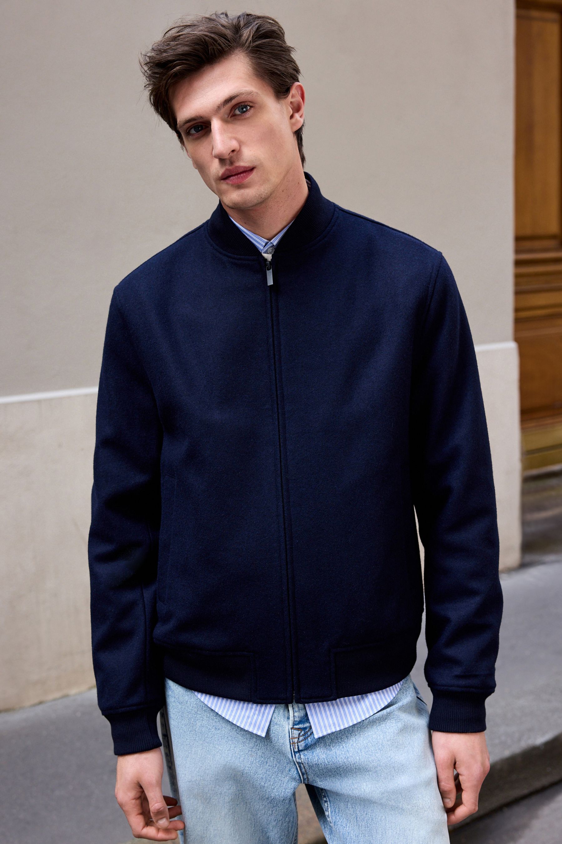 Navy wool bomber jacket shop