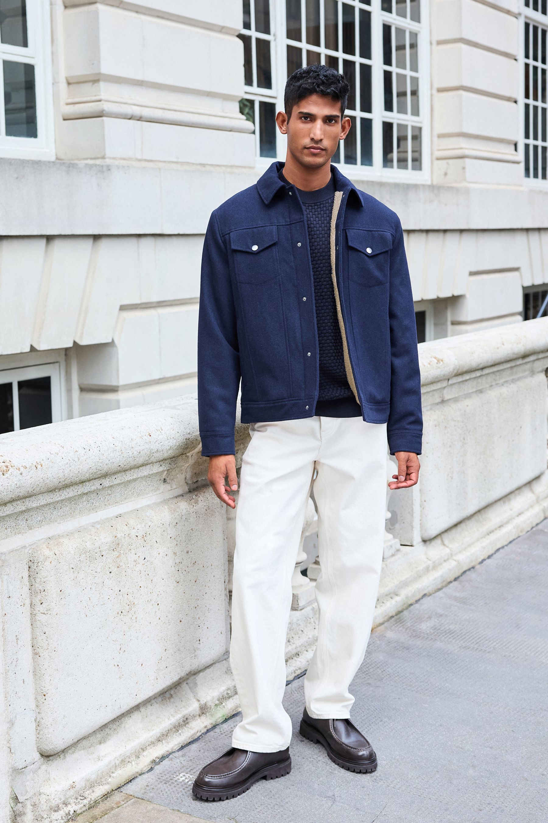 Buy Navy Blue Borg Lined Western Jacket with Wool from the Next UK online shop