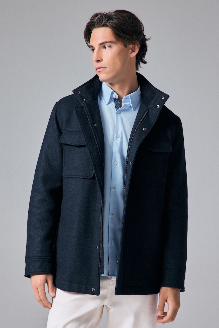 Navy Blue Texture Four Pocket Padded Coat with Wool - Image 1 of 11