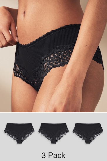 Black Hipster Lace Top Rib Knickers 3 Pack