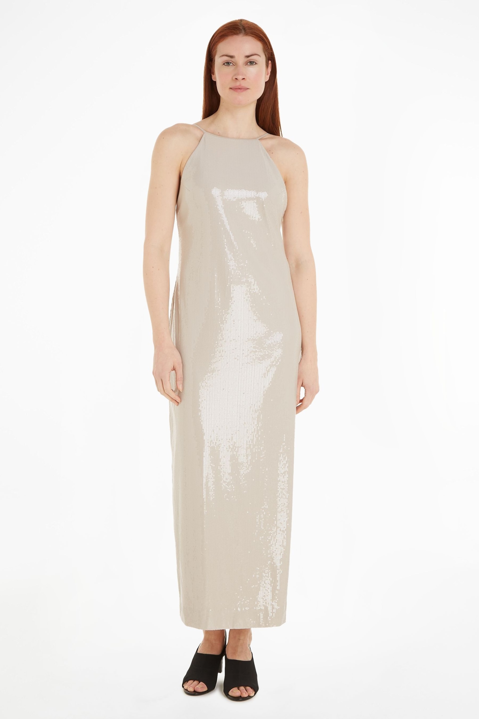 Calvin Klein Natural Sequin Halterneck Maxi Dress - Image 1 of 4