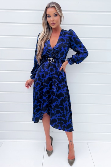 AX Paris Blue Cobalt And Black Print Long Sleeve Belted Wrap Midi Dress
