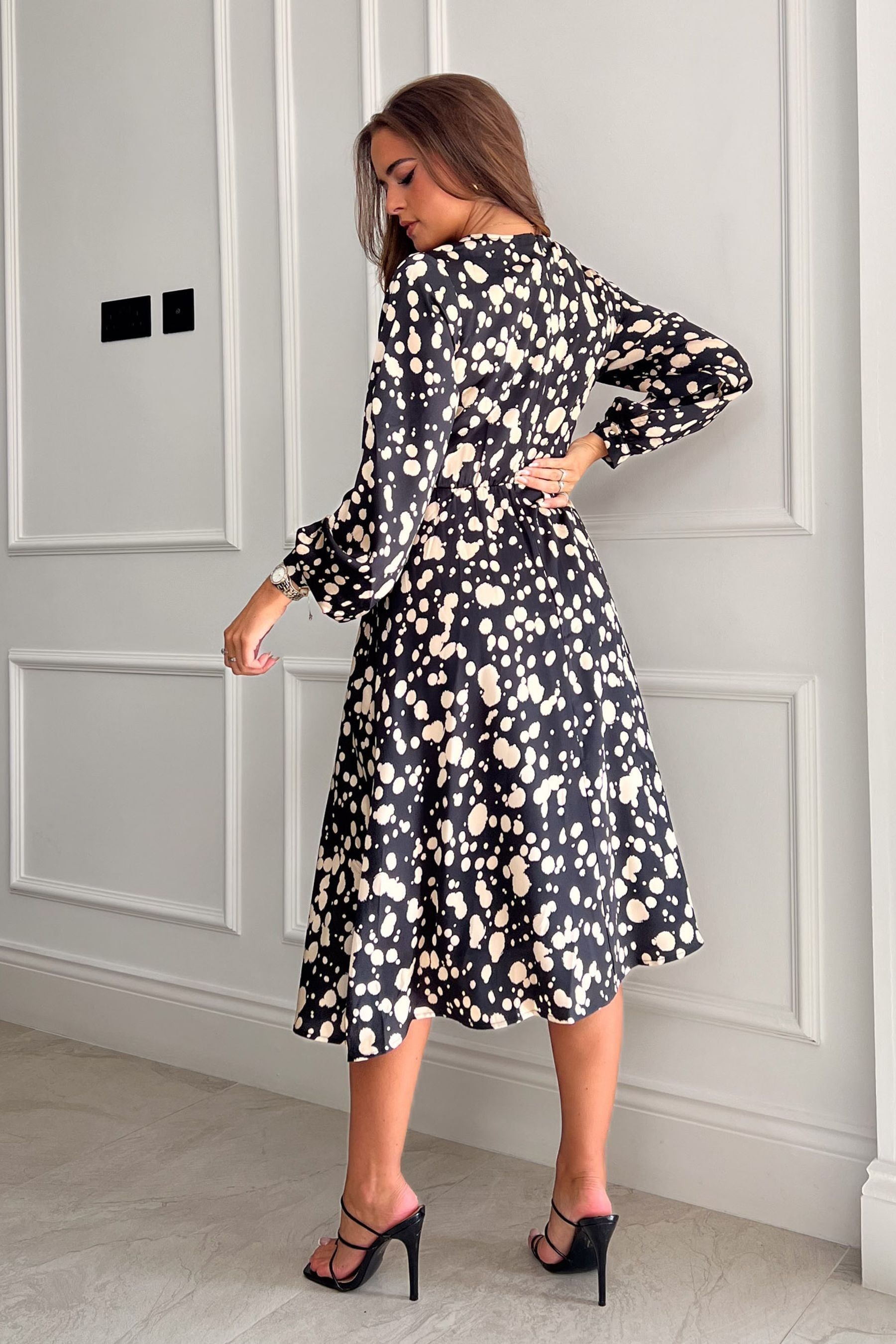 Buy Girl In Mind Black Long Sleeve Spot Print Midi Dress from the