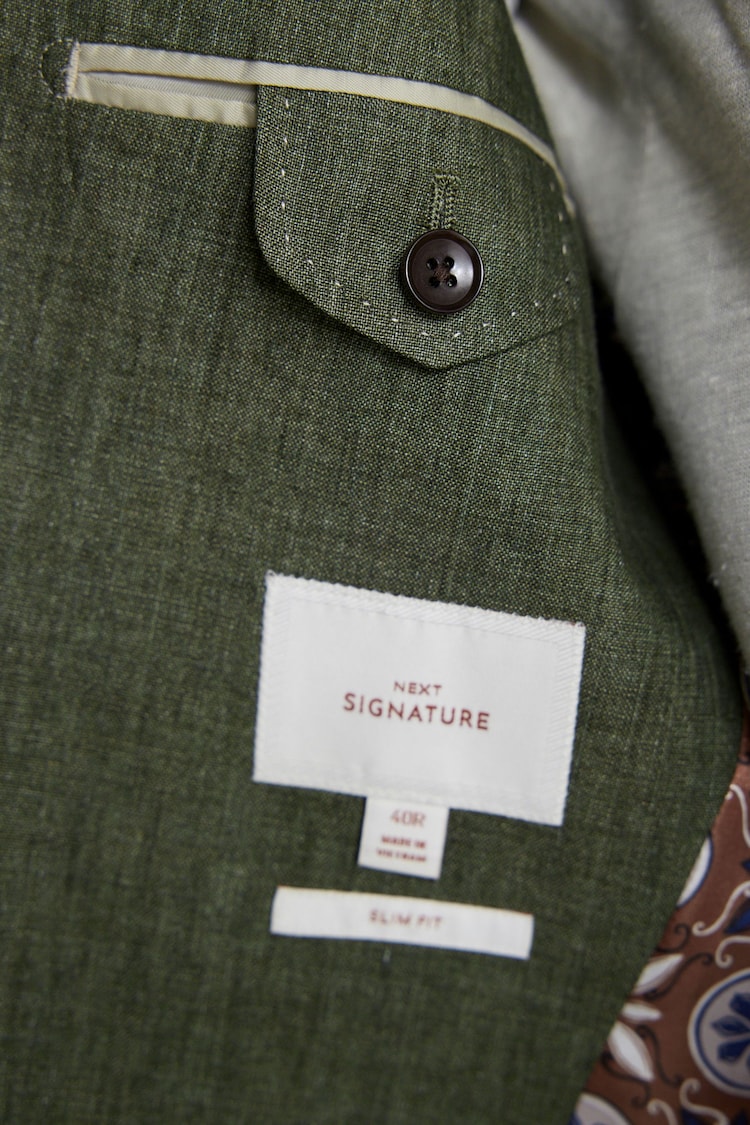 Olive Green Slim Fit Signature Leomaster Linen Suit: Jacket - Image 6 of 11