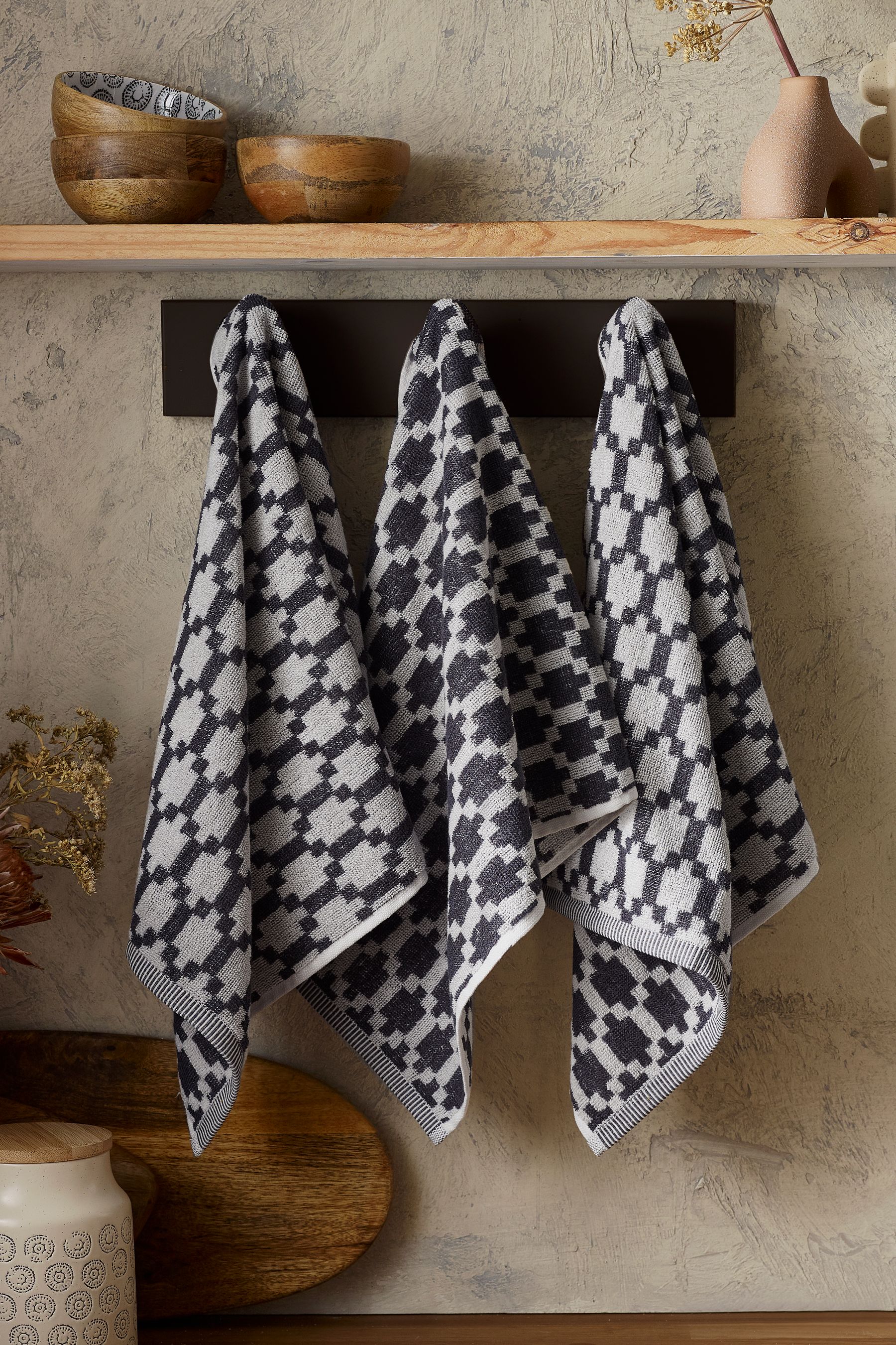 Buy Set of 3 Black White Terry Tea 100 Cotton Towels from Next Luxembourg