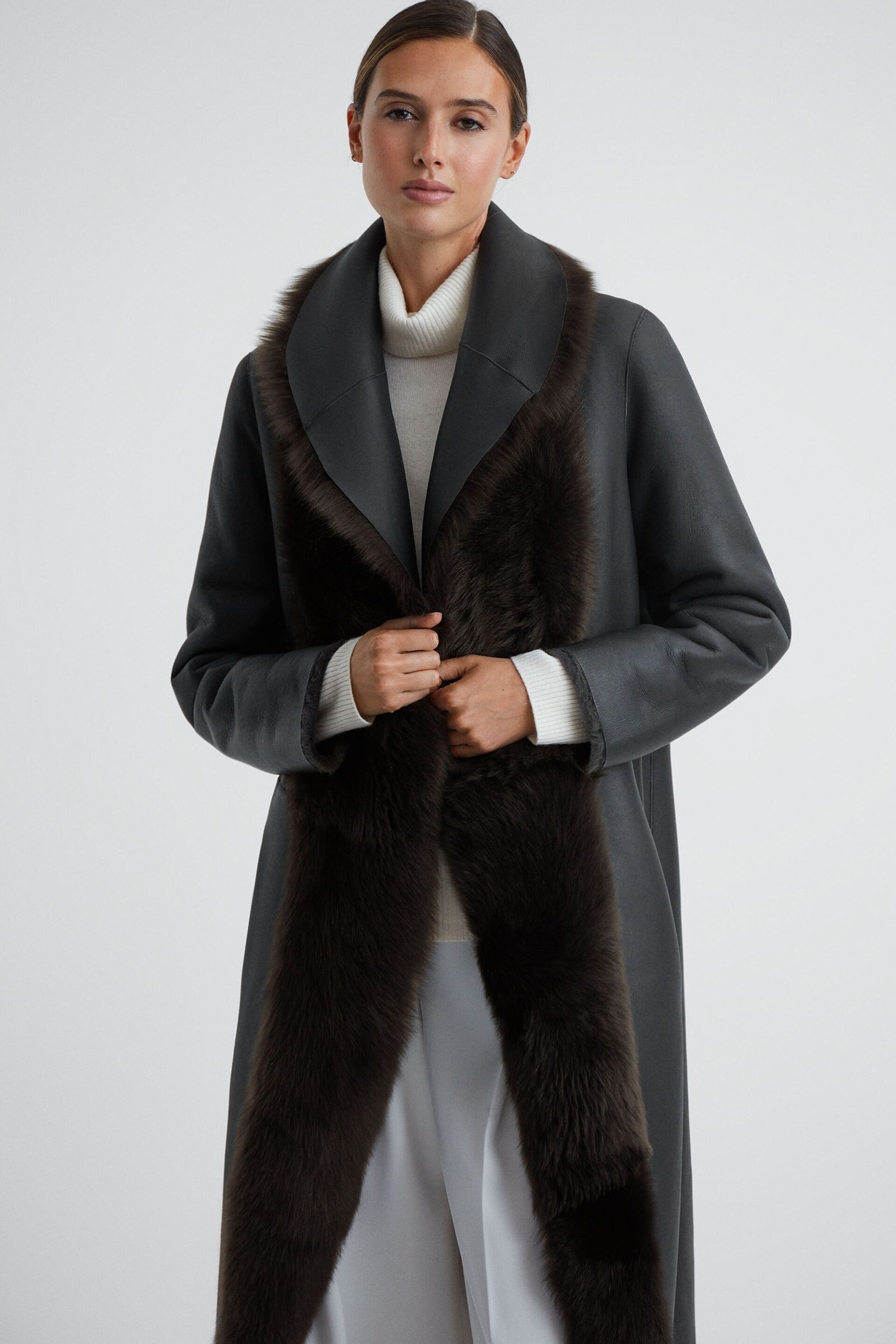 Reiss Brown Dahlia Reversible Longline Leather Shearling Coat - Image 3 of 7