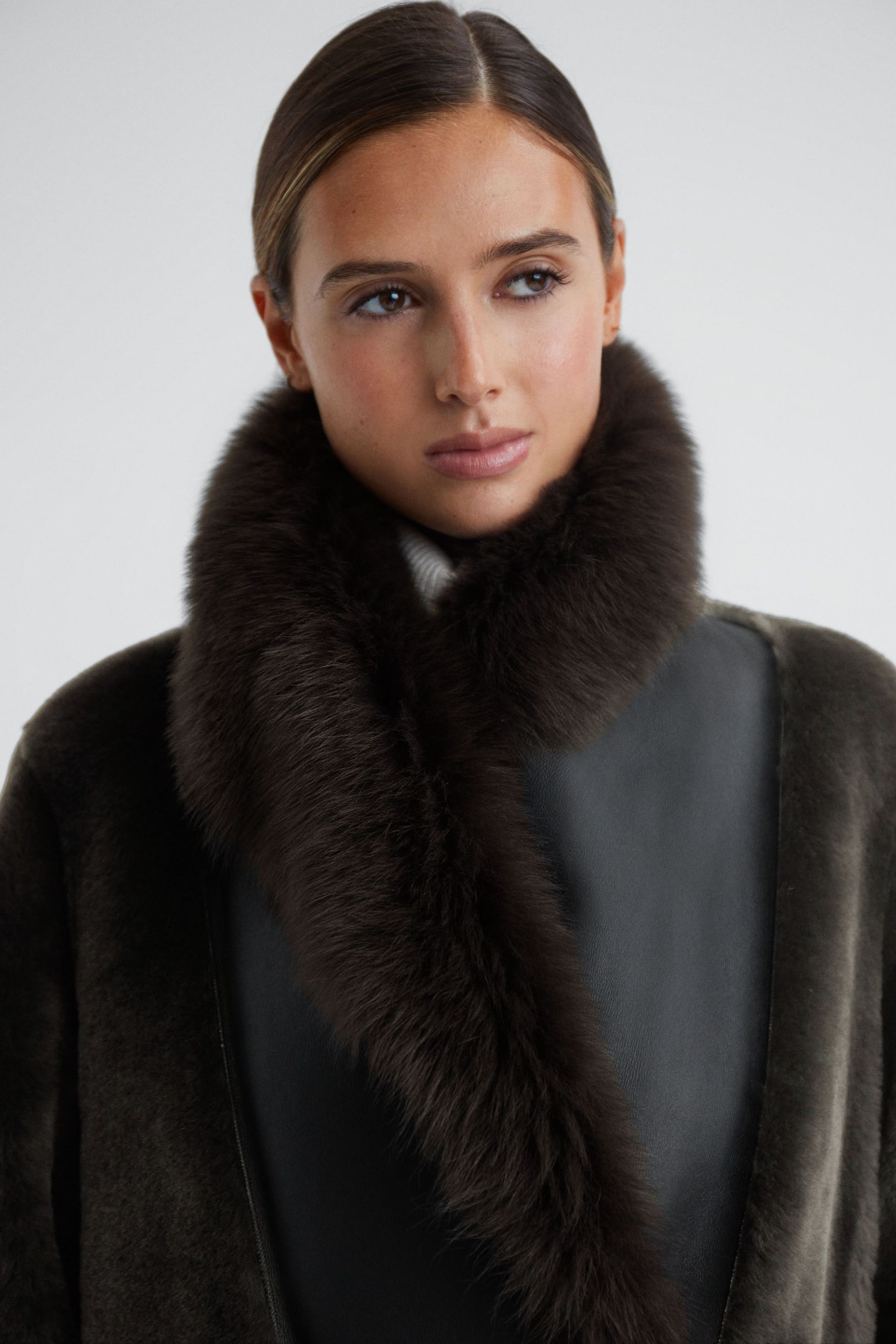 Reiss Brown Dahlia Reversible Longline Leather Shearling Coat - Image 4 of 7