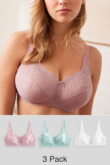 White/Mint Green/Purple Total Support Non Pad Non Wire Full Cup Lace Bras 3 Pack