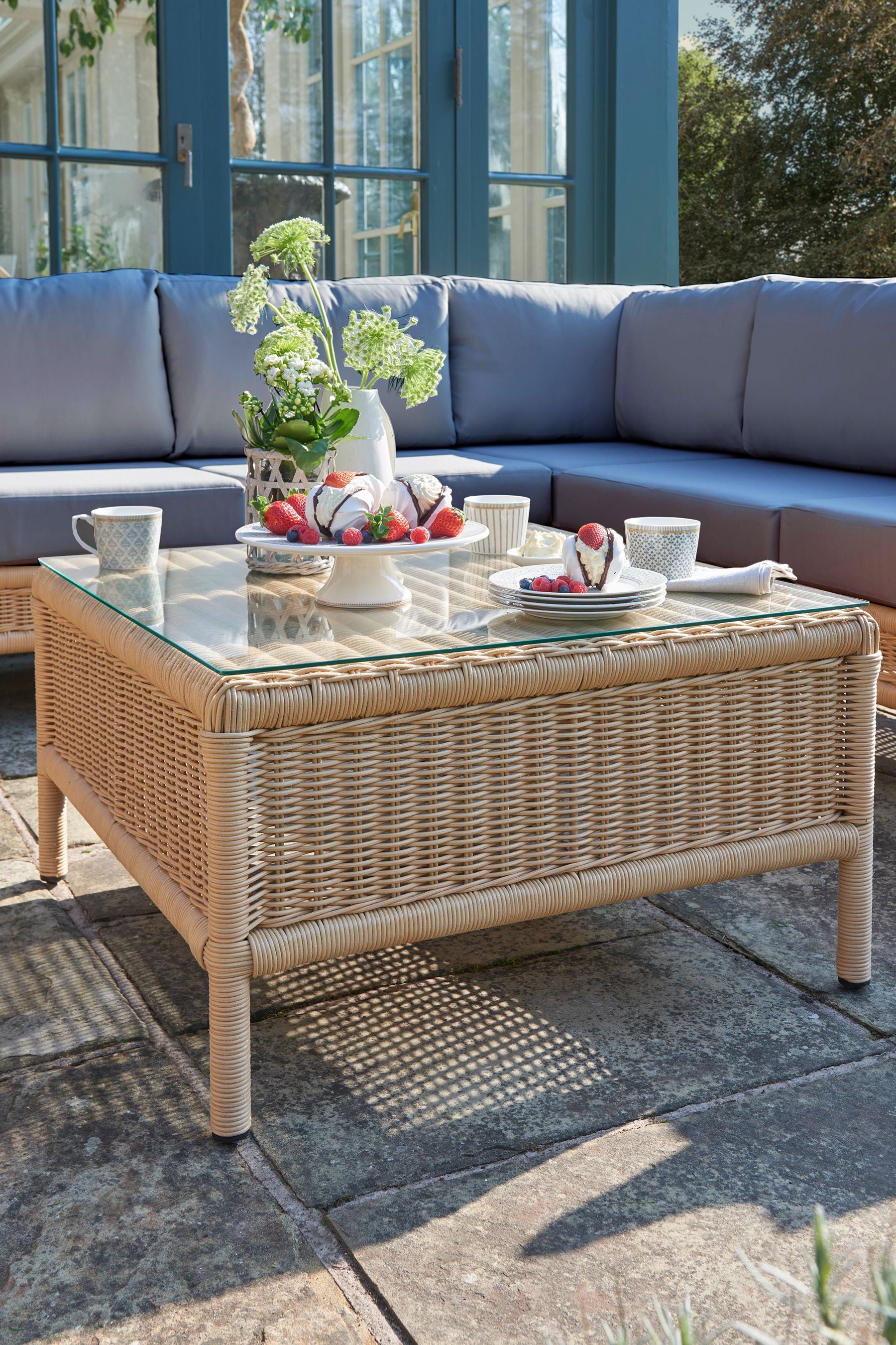 Buy Laura Ashley Natural Garden Vilamoura Rattan Corner Sofa Lounging Set with Seat Cushions from Next Luxembourg