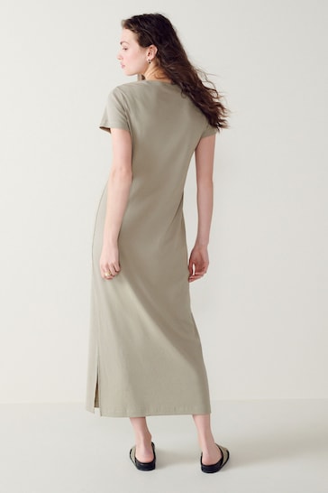 Stone Grey Ribbed T-Shirt Style Column Maxi Dress With Slit Detail