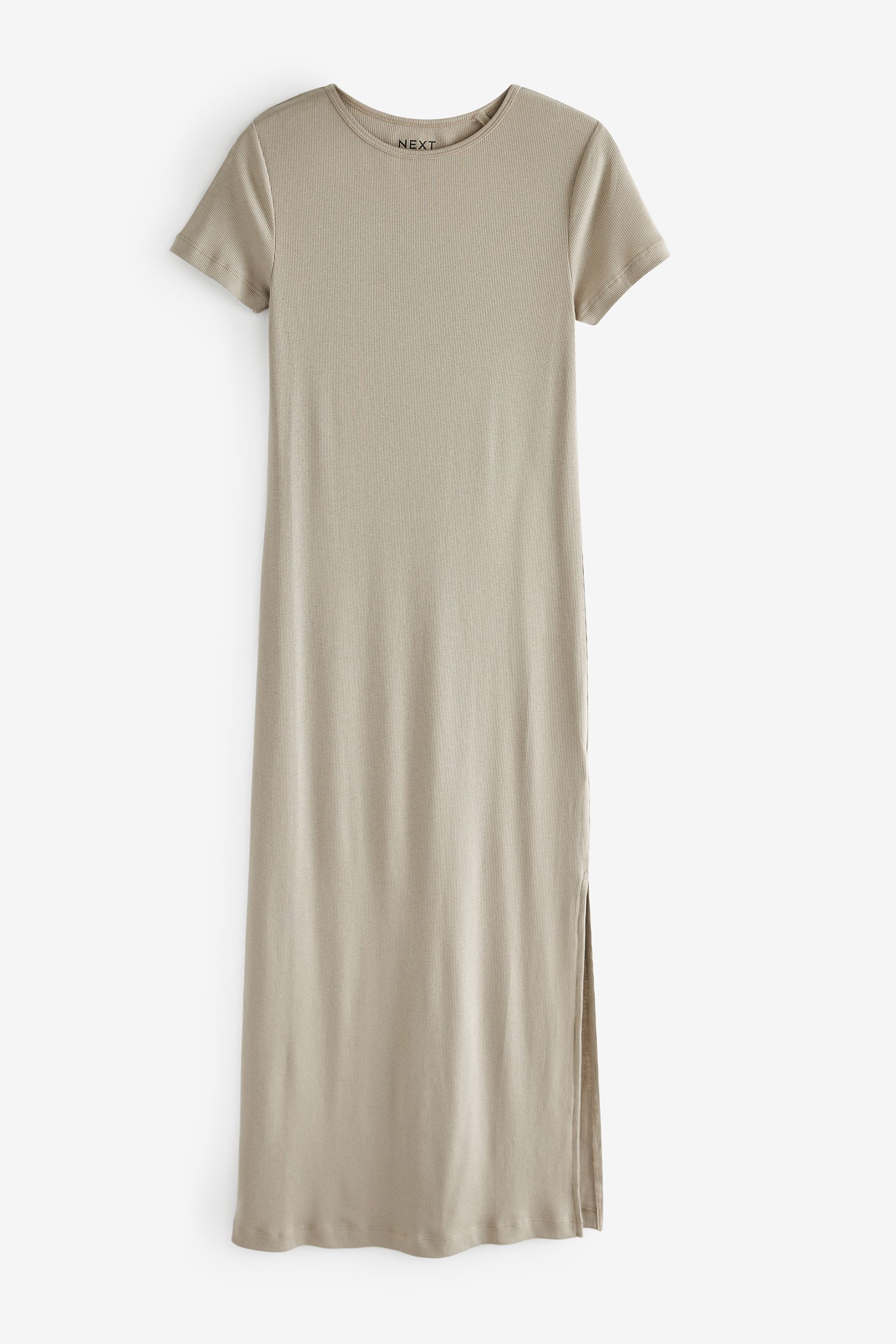 Buy Stone Grey Ribbed T Shirt Style Maxi Column Dress With Slit