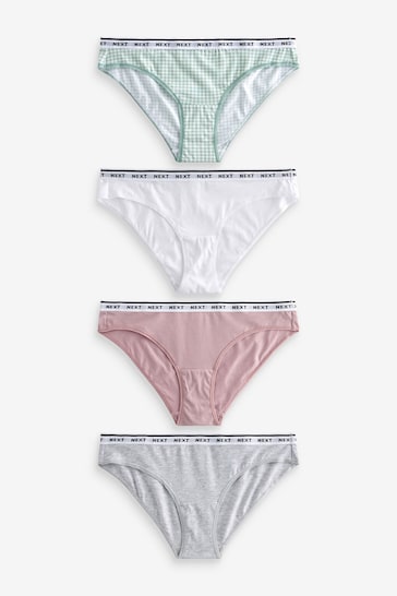 White/Grey/Pink/Green Bikini Cotton Rich Logo Knickers 4 Pack