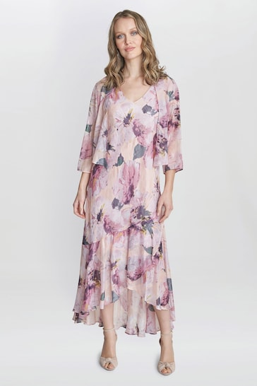 Gina Bacconi Pink Nadia Midi Length Chiffon Printed Dress And Jacket