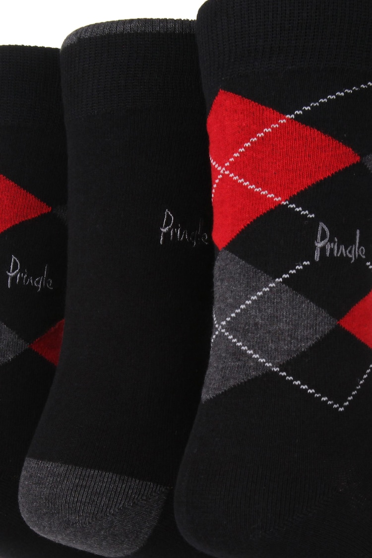 Pringle Black Traditional Argyle 3 Pack Pattern Socks - Image 5 of 5