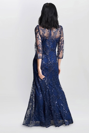 Gina Bacconi Blue Jordana Beaded Maxi Dress With Illusion Sleeves