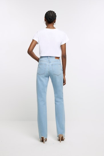 River Island Blue High Rise Straight Ripped Jeans